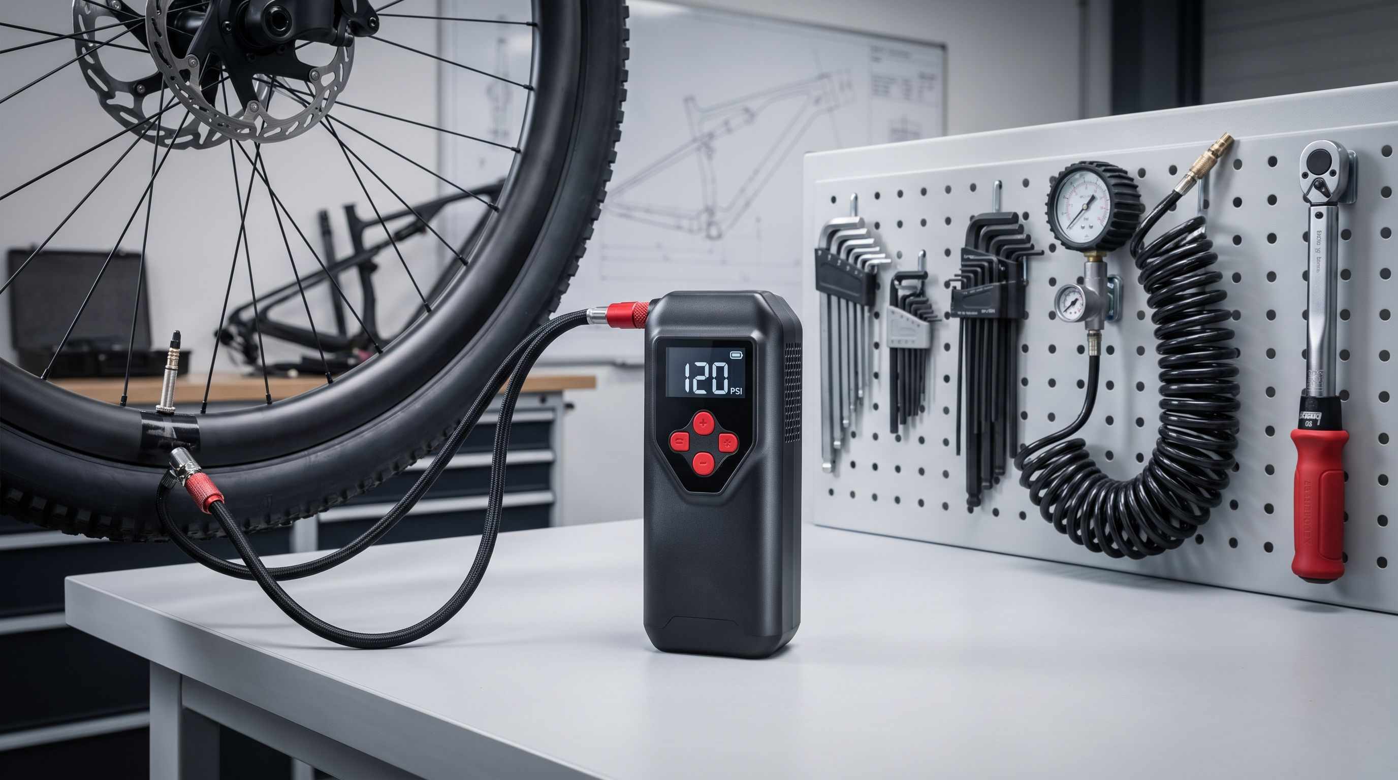 Mini-compresseur à écran digital branché sur la valve d’une roue de VTT, sur un établi d’atelier